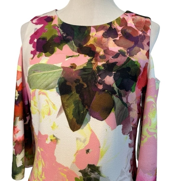 Jax black label size 10 pink purple 
Floral-Print Cold-Shoulder Sheath Dress - Picture 9 of 14